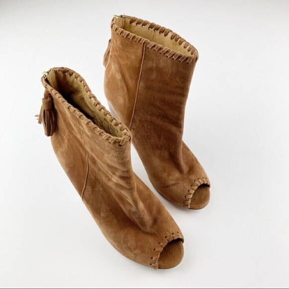 River Island Yalena Brown Suede Peep Toe Block Heel Booties Size 8 - Picture 8 of 13